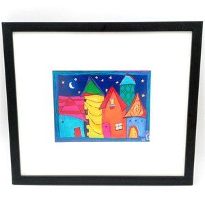 Whimsical Homes Night Sky Framed Art Print Colorful Houses Moon Stars Hoskins